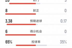 切尔西3-0狼队全场数据:射门20-3,射正8-0,得分机会6-0